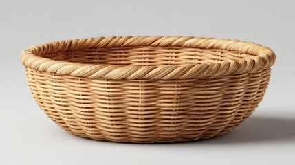 An empty wicker basket sits on a neutral background, featuring a smooth, round shape and natural woven texture. This versatile accessory can be used for storage or decorative purposes