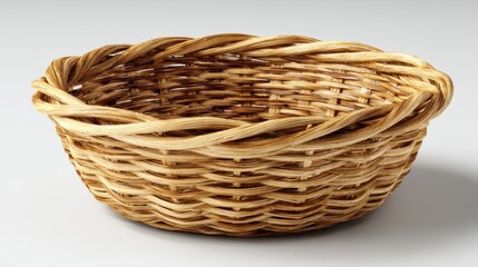 The wicker basket features an intricate design of woven strips that create an empty container, perfect for displaying fruits, bread, or decorative elements in a rustic environment