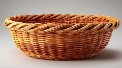 Obraz premium This wicker basket features a rich, golden color and intricate weaving patterns. Its empty interior suggests versatility for various uses in home organization or decoration