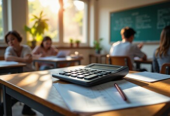 A classroom scene featuring a calculator on a desk, with students engaged in studies. Ideal for educational materials, teaching resources, or school-related content.