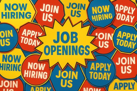 Colorful overlapping recruitment signs featuring phrases like "Job Openings," "Now Hiring," "Apply Today," and "Join Us," emphasizing employment opportunities.