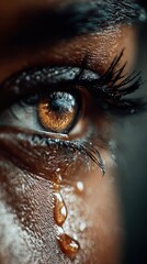 A closeup view of a brown eye shows a single tear rolling down the cheek, capturing a moment filled with deep emotion and vulnerability. The focus emphasizes the eye's detail and expression