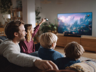 Cozy family moment parents and children enjoying a vibrant movie on TV together in their living room. Depicts togetherness, entertainment, and domestic bliss.
