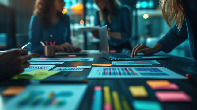 coworkers brainstorming with sticky notes and data charts on laptops - Powered by Adobe