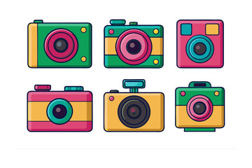 Collection of six vibrant retro styled cartoon cameras featuring bright colors and playful designs