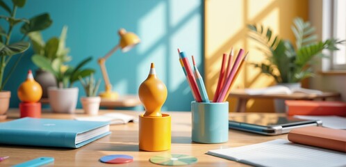 A vibrant and inspiring workspace featuring colorful stationery, plants, and warm sunlight, perfect for creative projects and productivity.
