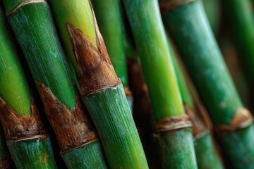 Fototapeta premium Sugarcane stalks are closely arranged, showcasing their rich green color and unique textures. This arrangement highlights the natural growth patterns of the plant in an agricultural environment