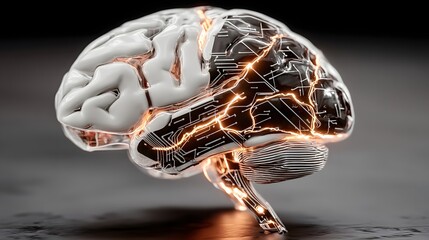 High-Angle View of a Human Brain with Luminous Orange Circuitry and Digital Patterns, Symbolizing the Interplay of Mind and Technology