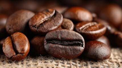 Naklejka premium Dark, roasted coffee beans are beautifully displayed, emphasizing their glossy finish and distinct shapes. The rustic background enhances their appealing presence for any promotional use