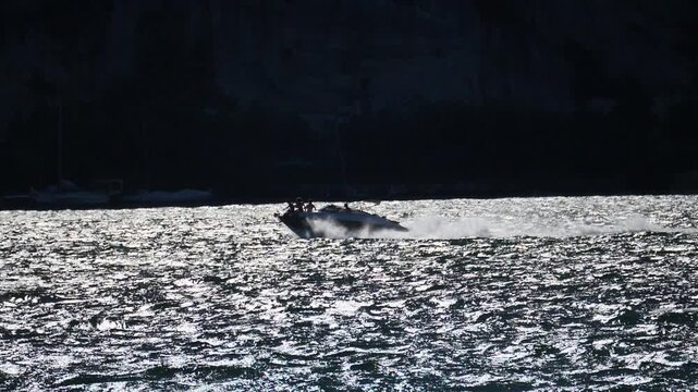 Speedboat in Lecco lake, Lombardy, Italy