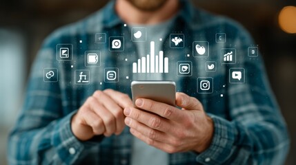 Businessman using smartphone with financial data and social media icons