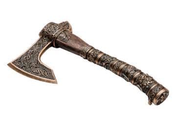 Viking-style axe display rustic workshop metal craftsmanship indoor. Isolated on transparent background, png.