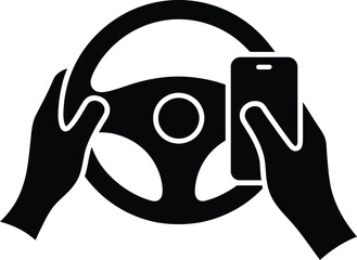 Hands on steering wheel with smartphone in one hand while driving
