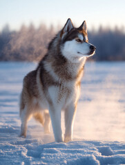 Naklejka premium Majestic dog stands powerfully in a snowy winter landscape, bathed in golden light. Symbol of loyalty, resilience, and the beauty of nature. Ideal for travel, pet, or adventure themes.