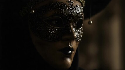 Woman wearing ornate black masquerade mask with dark background  