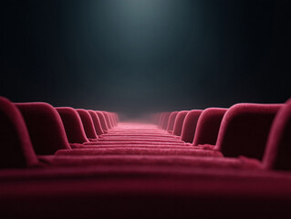 Fototapeta premium Rows of plush red seats recede into the darkness under a soft light. Evokes anticipation, luxury, and entertainment. Ideal for event or performance themes.