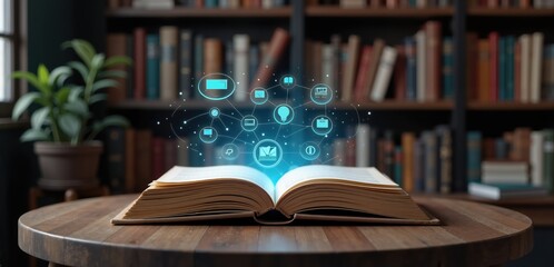 An open book with digital icons floating above, symbolizing knowledge and technology in a library setting, perfect for education, e-learning, and innovation themes.