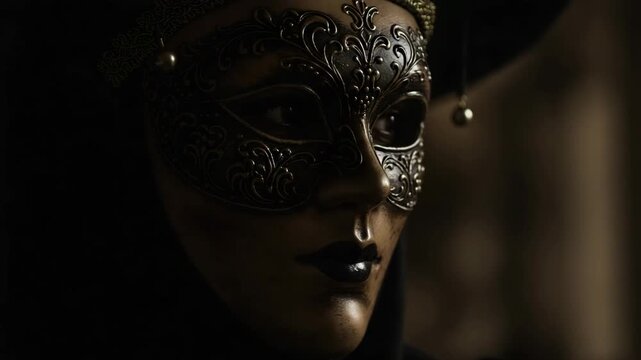 Woman wearing ornate black masquerade mask with dark background