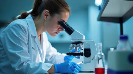 professional laboratory technician examining blood sample under microscope, focused on analysis. young caucasian woman makes medical research in lab. biology, medicine, scientific work, healthcare - Powered by Adobe