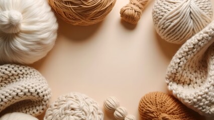 soft wool yarn and knitting material on beige background