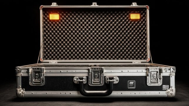 A fully open flightcase reveals a well-padded interior designed for secure equipment transport. The sleek, minimal exterior features robust hardware and a sturdy handle, emphasizing functionality