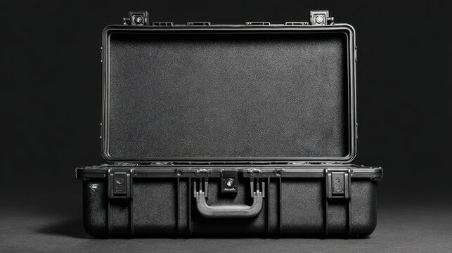 An empty flightcase is displayed with its lid open, revealing a sparse interior. The case sits on a dark surface, emphasizing its minimalist design and durable materials