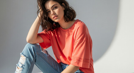 Young woman in coral shirt and ripped jeans, posing casually against a light gray background.  Image showcases casual fashion and relaxed style