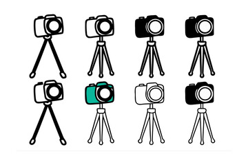 Collection of eight hand drawn vintage camera illustrations mounted on tripods showcasing diverse styles and a single teal camera