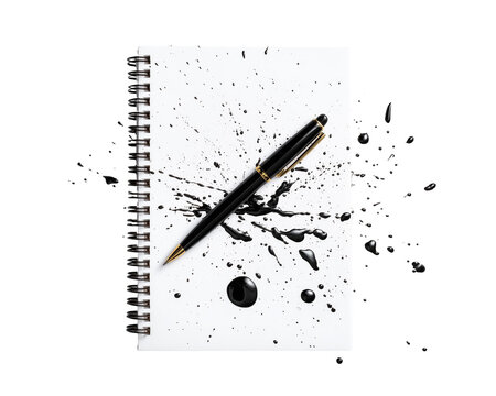 Pen on a notepad with ink splatters