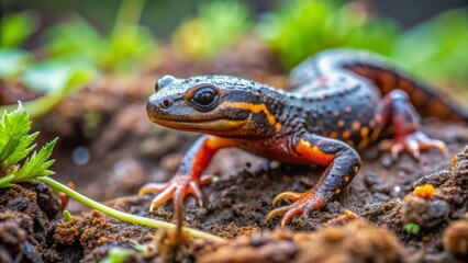 Obraz premium Close-up view of a vibrant amphibian with striking orange and black markings, gracefully navigating a damp, earthy terrain amidst lush green vegetation