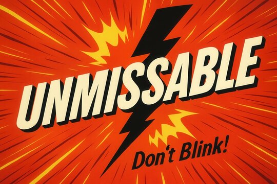 Bold comic-style illustration featuring the word "UNMISSABLE" with a dynamic lightning bolt on an explosive orange and yellow background, conveying urgency and attention.
