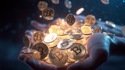 Holographic crypto coins (Bitcoin, Ethereum) falling like rain into a person's cupped hands in a dark, high-tech setting. - Powered by Adobe