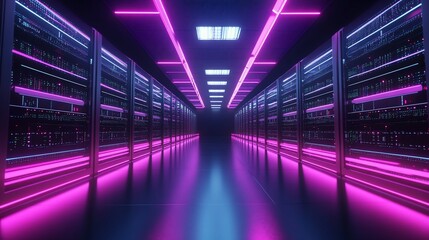 Futuristic Data Center Servers with Pink and Purple Neon Illumination