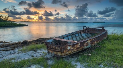 Rusty boat on a tranquil shoreline at sunrise.