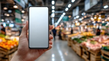 A hand displays a blank smartphone screen in a vibrant grocery market. The background shows colorful fruits and vegetables, with shoppers moving throughout the aisles during the day