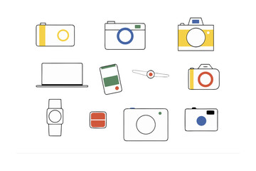 A collection of simple hand drawn line art illustrations depicting various modern electronic devices and gadgets