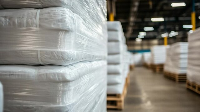 Foam mattresses wrapped in protective film, stacked on pallets in a busy distribution center.