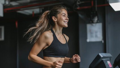 A woman with long hair smiles while jogging on a treadmill in a modern gym setting. She is dressed in a black sports bra and appears focused and energized during her morning fitness routine.