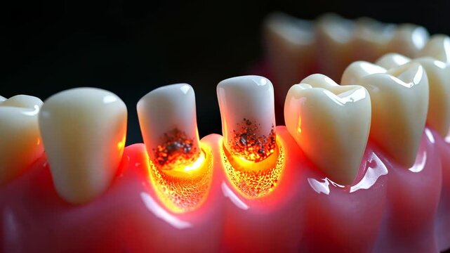 interproximal cavity, tooth decay, dental health. Oral care. Enamel erosion causes tooth sensitivity. Bacterial growth leads to gum disease. Regular brushing enhances dental hygiene.