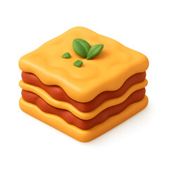 Stylized 3D Rendered Square Lasagna with Basil Leaves Icon Illustration