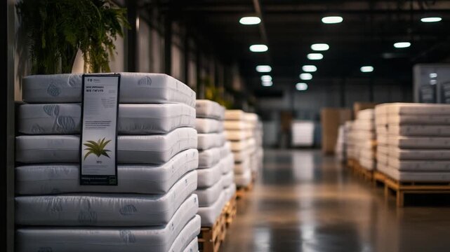 Eco-friendly warehouse showcasing carbon footprint reduction posters and featuring towering stacks of pre-owned mattresses.