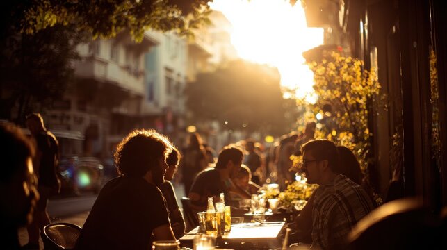 People enjoying a sunny outdoor cafe setting.
