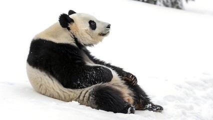 Naklejka premium Adorable panda relaxing in snowy landscape, capturing winter's charm and wildlife beauty