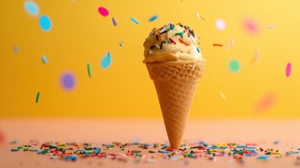 An enticing ice cream cone is adorned with a generous sprinkle of colorful toppings, creating a joyful treat. The bright yellow backdrop enhances the cheerful vibe, making it irresistibly delightful