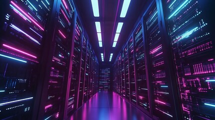 Futuristic server room corridor illuminated with vibrant neon lights