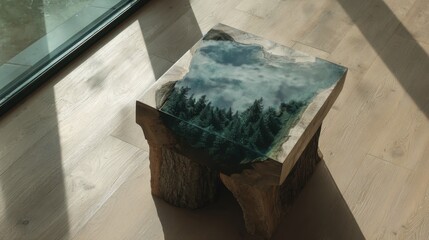 A square table crafted from wood and resin stands in a villa, featuring a landscape of trees and sky embedded into its surface. Sunlight streams in, highlighting the craftsmanship