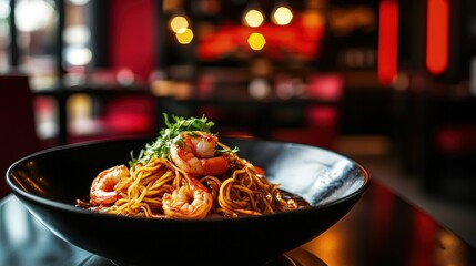 Delicious noodles with shrimp in a restaurant setting.