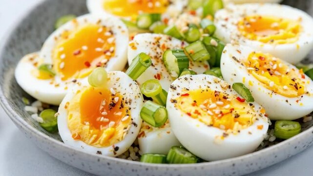 Eggs Delight: A beautifully plated dish features perfectly halved eggs, showcasing their golden yolks, seasoned with a sprinkle of spice, complemented by vibrant green onion.