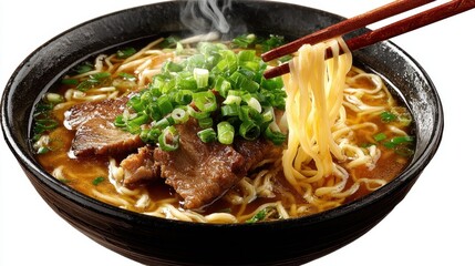 A bowl of rich tonkotsu ramen steams invitingly, topped with fresh green onions and tender meat. A pair of chopsticks holds the long, chewy noodles, perfect for a satisfying meal