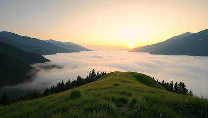 Sunrise Over Mountain Valley with Sea of Clouds
